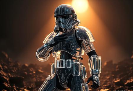 Ultra-detailed 4K rendering: Translucent Chrono-Patrol Trooper (Star Wars stormtrooper concept) made of crystalline metal, revealing intricate internal mechanisms. Dynamic action pose, poised for combat. Set against a World Legacy in Shadow background, ruined ancient landscape, deep atmospheric shadows. Dramatic cinematic backlighting, ethereal light shafts, vibrant spectral highlights. Octane Render, Unreal Engine 5, hyperrealistic, intricate, golden ratio composition, creative low angle, masterpiece, trending on ArtstationHQ, CGSociety.