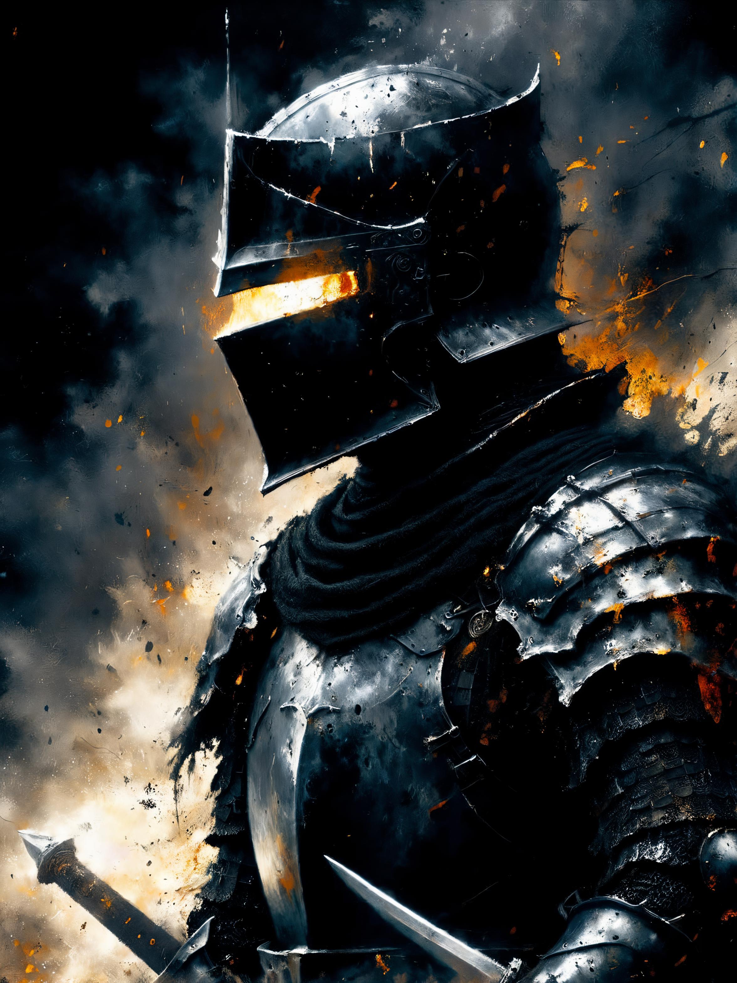 A dark and dramatic image of a knight in a suit of armor, holding a sword, and surrounded by fire and smoke.