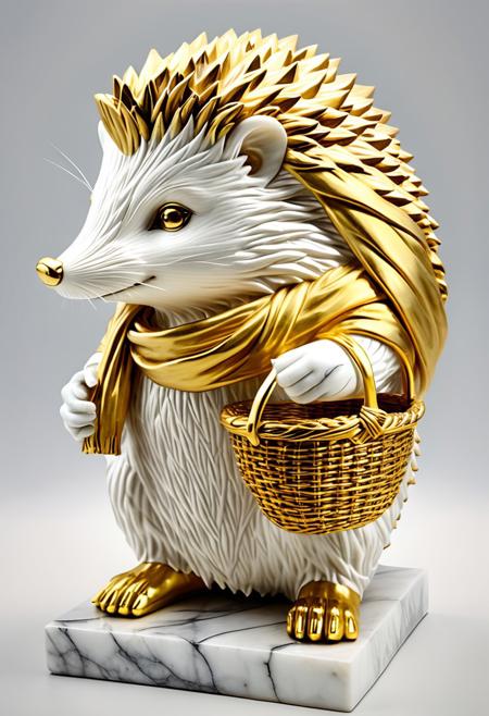 cstatuesdxl, (Masterpiece, Best Quality, realistic, 4k),
A statue of an anthropomorphic hedgehog with a scarf and basket made of veined marble with gold details, intricate details and exquisite proportions