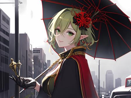 masterpiece,best quality,highres,cinematic lighting,dramatic angle,<lora:ShadowverseSkeletonMagachiyoV1-000042:0.8> ,1girl,pointy ears,capelet,black suit,sash,gloves,green hair,green eyes,necklace,decorations,steam,looking back at viewer,smile,latex,clothing cutout,spider lily as hair flower,tassel,umbrella,cityscape,crowd,waiting for bus,bus station,smile,rain,heavy rain,raindrop,monochrome background,blurry background,depth of field,car lights,from side,turning head,head tilt