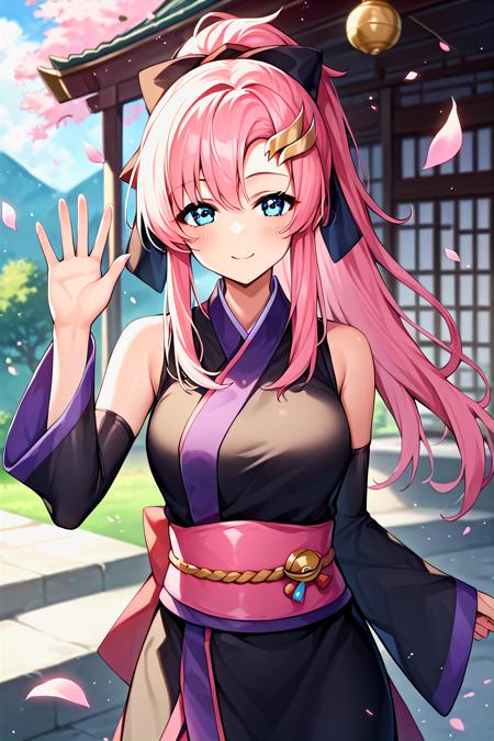 lacus clyne, blue eyes, pink hair, hair ornament, gold hair ornament, ponytail short kimono, black sleeves, sleeveless, japanese clothes, black kimono, detached sleeves white dress, purple skirt, detached sleeves, bare shoulders