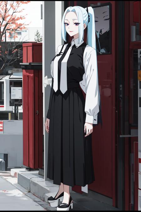 <lora:MeiMei-01:1> meimei, 1girl, solo, long hair, smile, long skirt, shirt, long sleeves, ponytail, white - light blue hair, grey necktie, nail polish, hand on hip, black shirt, lipstick, letterboxed, purple nails, anime coloring, full body, long hair, looking at viewer, age 40, busty, large breasts, milf, black dress, Aesthetic, Trees, Outdoor, black skirt, Blood Wall, Blush, Dark Background, night, black eyes