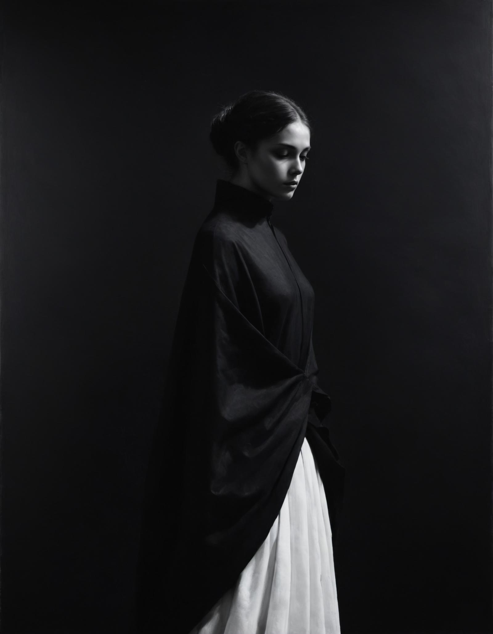 A woman in a long black dress standing in a dark room.