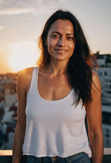 realistic, ultra realistic, detailed, woman, white tank top, detailed skin, tan skin, on a roof terrasse, sunset lighting, very long dark hair, analog film, portrait, dark hair, soft smile, wavy hair, (freckles:0.3), sunset, warm colors,