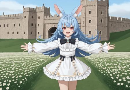 Nanobites, animal ears, long hair, blue hair, rabbit ears, animal ear fluff, red eyes, bangs, very long hair,    bow, dress, white dress, black bow, long sleeves, sleeves past wrists,  frills, sleeves past fingers, puffy sleeves Nanners, animal ears, bandaid, ahoge, blue hair, long hair, red eyes, streaked hair, white hair, black shirt, black shorts, collar, crop top, navel, short shorts, off-shoulder shirt, midriff, underwear, short sleeves