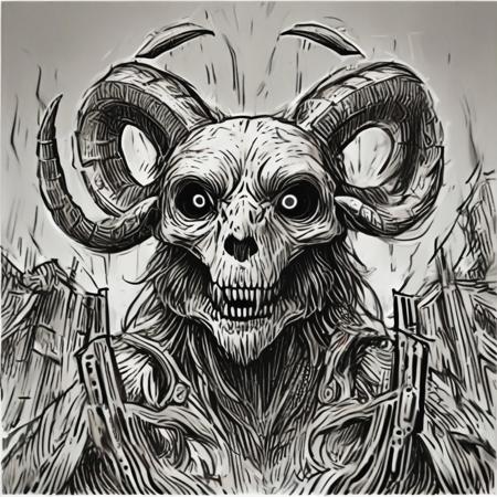 DonMS1mpl3Dr4w1ngXL,  score_9, score_8_up, score_7_up, score_6_up, simple lineart, goat skull, Terrifying demon,  symbol of fear and evil,  associated with dark magic and legends, ominous and malevolent presence, mild,integrative,assembly line,underground,augmented,inviting,programmed , rating_safe  <lora:DonMS1mpl3Dr4w1ngXL-pony_v1.1:1>