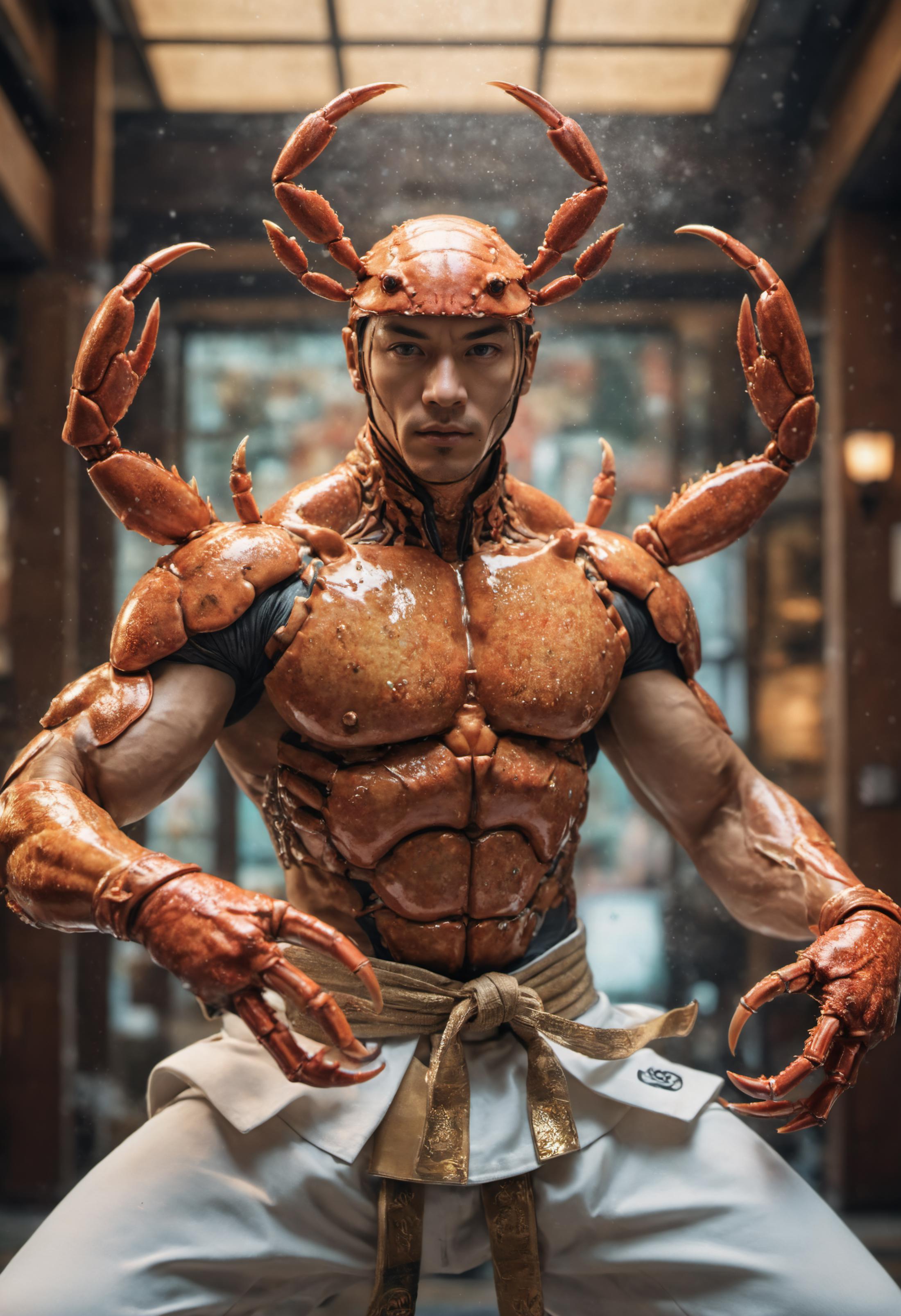 A man wearing a crab costume with a belt in a room.