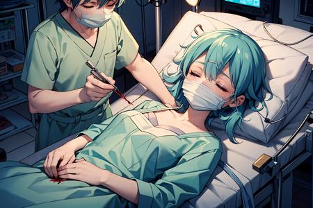 lying,on back,surgery,doctor,surgical light,scalpel,operating table,operating room,blanket,(((bloody, blood,blood on clothes))),mask pull,(((surgical mask, hospital gown))),from side,