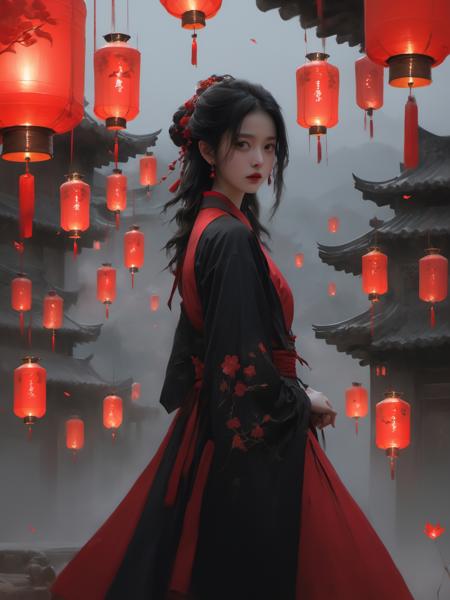 (dramatic, gritty, intense:1.4),masterpiece, best quality, 32k uhd, insane details, intricate details, hyperdetailed, hyper quality, high detail, ultra detailed, Masterpiece, super vista, super wide AngleLow Angle shooting, super wide lens,
Epic CG masterpiece, yssk's new concept, this female is dressed in Hanfu and holding a red lantern, in the style of nick alm, necronomicon illustrations, hyper-realistic portraits, xiaofei yue, uniformly staged images, flat yet expressive, goth
1girl, (full body:1.7),
 <lora:XL~Q?-_Bpo:0.7>