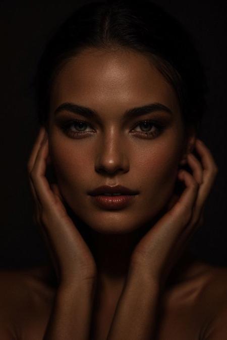 Beauty Photography, Focuses on well-lit, flawless skin and often used in beauty and cosmetics advertisements. shooting under dark condition with high iso, film, high key, hands down, mmxportrait