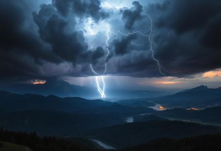 Medieval, D&D, high contrast, real photo, 4k, dramatic lighting, thunderstorm over a distant mountain range, rivers, forests and a bright flash of lightning, heavy cloud cover