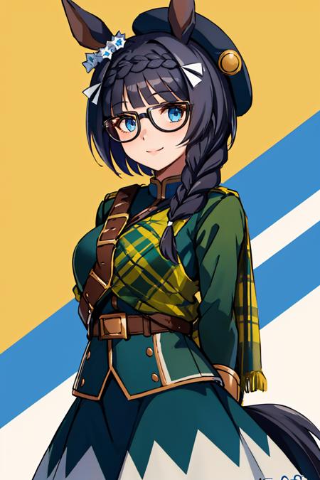 (masterpiece, best quality:1.2), solo, 1girl, zennorobroy, smile, looking at viewer, arms behind back, braid, beret, horse ears, glasses, green jacket, long sleeves, green skirt, scarf, horse tail <lora:umamusume_zennorobroy-10:1>