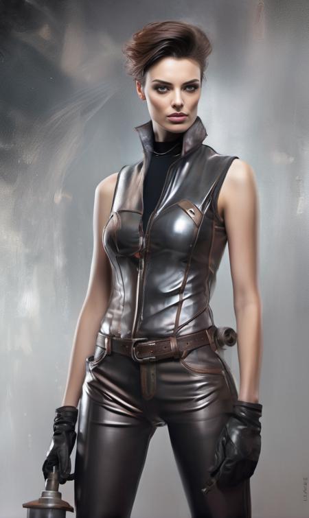 <lora:wallis_day_xl_lora_33:1> wallis day woman, Incredible modern art portrait of female metal welder at work machine, humid and sultry atmosphere, hot hourglass figure in a wet leather mini outfit, stunning beauty of brilliant art by magali villeneuve, eve ventrue, anna dittmann, mandy disher, tom bagshaw