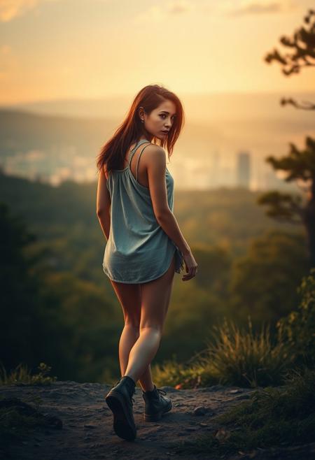 lone roguish female figure, walking away, glancing over shoulder, distant cityscape, transitioning from forest to urban environment, golden light of early morning or late afternoon, cinematic, journey progression, emotional warmth, subtle glance, candid, moment of doubt or hesitation, reflection on the journey, (forest in the background:1.2), city on the horizon, inviting introspection, natural light, dramatic lighting, depth of field, (captured naturally:1.2), (detailed background:1.3), (photorealism:1.4), 8k UHD, (blurry:-1.3), (lowres:-1.5), (ugly:-1.2), (mutated:-1.4), (worst quality:-1.4), (bad anatomy:-1.3), (cartoon:-1.1), (sketch:-1.1), (distorted proportions:-1.3), (extra limbs:-1.5), (cgi:-1.4), (extra characters:-1.5), (savanna:-1.4)