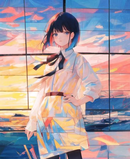 1girl, multicolored hair, blunt bangs, short hair, masterpiece, abstract stained glass background, sunset  <lora:stained-glass-v1-000002:0.5>, glass shards, abstract