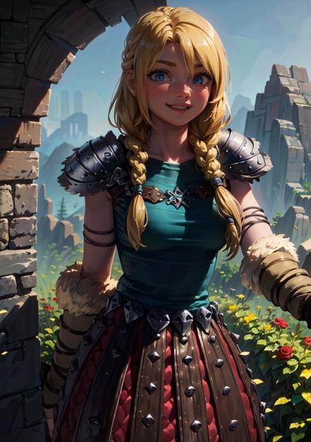 Astrid walking in a field of roses around mountains, (long hair, blonde, blue eyes, armor, braid:1.2), warm light, curvy, smile, :D, from below, (dynamic_angle), (dynamic_pose:1.2), 
(detailed landscape:1.2), (dynamic_perspective:1.2),
(masterpiece:1.2), (best quality, highest quality), (ultra detailed), (8k, 4k, intricate), (cowboy shot:1), (highly detailed:1.2),(detailed face:1),(gradients),(ambient light:1.3),(cinematic composition:1),(HDR:1),(perfect_anatomy:1.2),
 <lora:Astrid_Character:1>