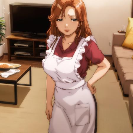 sagara_kyouka, lounge, tv, couch, standing, apron   <lora:sagara_kyouka_v1:0.8>, masterpiece, best quality