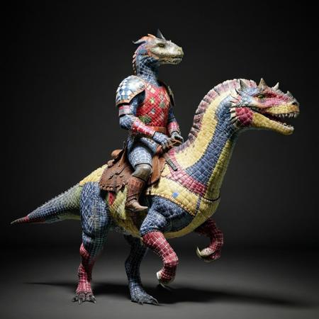 Masterwork, masterpiece, best quality, good quality, very aesthetic, absurdres, newest, ptchkrawk, a ceratosaurus  with patchwork armor and a saddle, being ridden by a knight in plate armor,