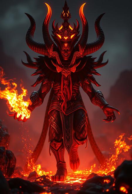 Demonic god, demon crown, fire magic on hands, walking in the lava, masterpiece, best quality, CG, wallpaper, HDR, high quality, ultra detailed face, cinematic, high detail, 8k, raw, high, artstation HQ, unreal engine, octane renderer, 4k resolution, hyperrealistic, highly detailed