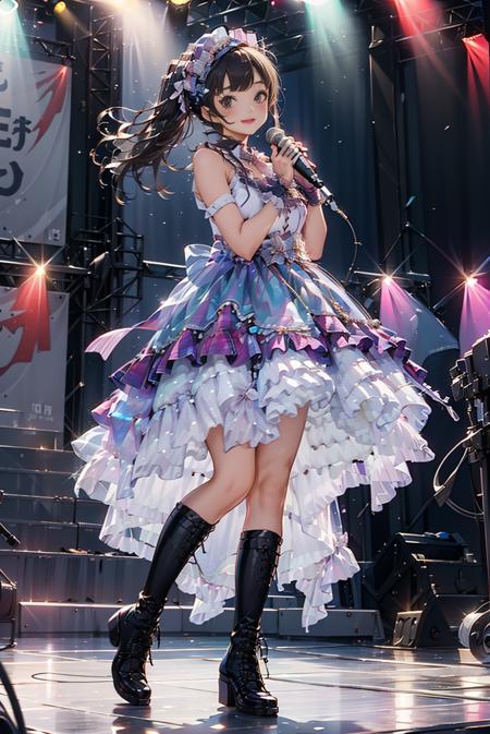 masterpiece, best quality, idol_costume, white knee boots, 1girl, solo, smile, idol, full body, looking at viewer, long black hair, standing on stage, stage lighting, stage spotlight, detailed background, holding microphone, audience, <lora:idol_costume_style2_v2:0.7>