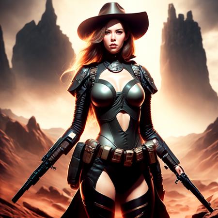 an attractive woman [gunslinger:bounty hunter:0.4] standing in a scifi wilderness (neverlate style:1) <lora:djzNeverLate_LB2:0.8>