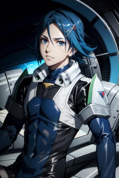 hayate immelmann\(macross delta\), solo, 1boy, looking at viewer, male focus, portrait, blue eyes, blue hair, short hair, hair behind ear, gloves, bodysuit, pilot suit, <lora:Hayate_Immelmann_No_commercial_use_is_allowed_LoRA:0.6>