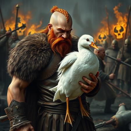 anatomically correct, (hyper realistic, ultra detailed),complex shadows, intricate details, viking, warrior, muscular, leather armour, fur on armour, red hair, short hair, large beard, braided beard, white duck, black eyes, fluffy, short, standing, viking is holding white duck, viking is holding white duck as if it were a weapon, white duck is being wielded like an axe, white duck is small, white duck looks ready for violence, viking looks ready for violence, battle ground, dark, fire, fighting in background, weapons, dead bodies on ground, raining,