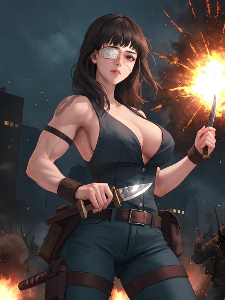 1girl,velmet,big breasts,muscualr female,holding knife,city,explosion, battlefield, masterpiece, best quality,eyepatch<lora:valmet:0.9>