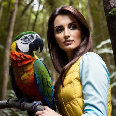 Picture, best quality, a woman in the forest with parrots, photo of beautiful PC<lora:PC:1.0>, looking at viewer, perfect face, perfect eyes, sharp focus, Intricate, High Detail, dramatic, photorealistic,