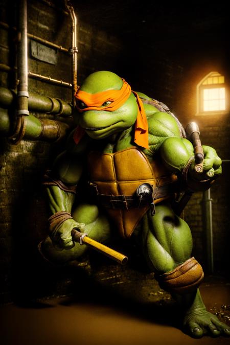 <lora:TMNTMichelangelo-10:0.8>(RAW photo, real life, absurdres, high quality, photorealistic, detailed, realistic:1.3), (solo:1.3), a high resolution photo of a TMNTMichelangelo, a teenage mutant ninja turtle with an orange bandana mask with eye-holes holding a pair of nunchucks standing in a sewer interior,  fight stance pose, pipes and sewer interior and sewer water in background, cinematic, atmospheric, 8k, realistic lighting, shot by Hassleblad H6D, Zeiss, Kodachrome, nikon, 50mm 1.2 lens, Octane Render, ultra realistic, realistic lighting, photorealistic, photorealism, photoreal, unreal engine 5, Adobe After FX, highly detailed, intricate detail