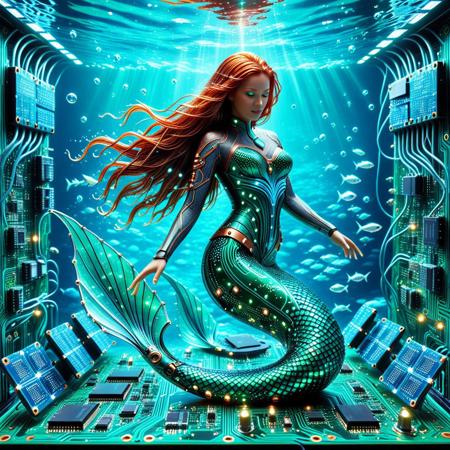 lazypos,  
Concept: PCB Mermaid, Cybernetic Siren, Electronic Sea Creature, Tech Mermaid, Bionic Ocean Nymph, Circuit Board Aquatic.  
Visual Aesthetic: pcb_style, circuit board art, electronic aesthetic, glowing circuits, wireframe effect, digital lines, futuristic tech, schematic patterns, highly detailed.  
Creature Details: elegant mermaid, aquatic, graceful, glowing scales (PCB), translucent fins, intricate circuitry, copper traces, solder pads, microchips, LEDs, optical fiber elements, metallic accents, organic yet mechanical, sleek, flowing hair (PCB), sensor eyes, hydraulic tail.  
Effects: internal light, pulsing glow, bright light trails, digital shimmer, intense energy flow, translucent effects, reflections on metallic parts, crisp lines, electrical sparks, bubbles/vapor from movement, digital song (visualized).  
Colors/Hues: dominant dark greens (classic PCB), black, dark grey, with bright, calming highlights of turquoise, aqua, seafoam green, bright blue for energy and lights; metallic copper, dark silver for traces and components. Oceanic-tech palette.  
Background: underwater city (pcb aesthetic), digital ocean floor, coral reefs with tech elements, shimmering water surface, dark ocean depths with neon elements.  
Visual Style: sci-fi mermaid, creature design, conceptual art, technical illustration, highly detailed, atmospheric, futuristic, intricate, captivating, serene.