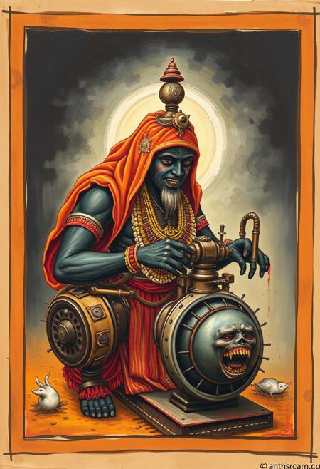 A traditional Indian painting depicting a dark dweller with a face of darkness, wearing unusual attire, and operating a terrifying machine.