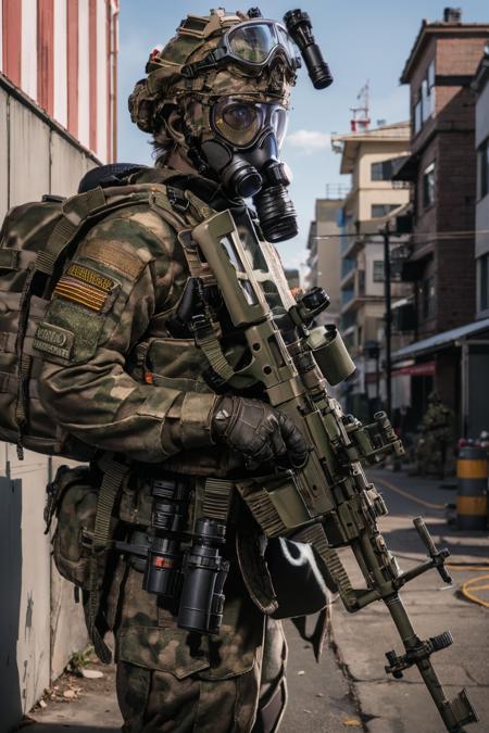 ruanyi0307,assault rifle,camouflage,gas mask,goggles,helmet,holding weapon,soldier,