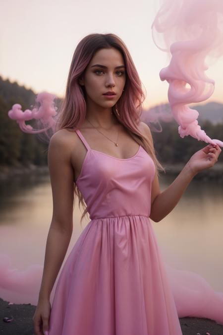 (Art Photography, Award Winning)  ((dark blonde DV_Ella_Vicious girl with a( pink smoke bomb:1.4) on the bank of a mountain river with pink pink flowing dress)) , Steve McCurry, 35mm, F/2.8, ((Photo Focus, DOF, Aperture, insanely detailed and intricate, character, hypermaximalist,  beautiful,  revealing, appealing, attractive, amative, hyper realistic, super detailed, heresy flares))(DOF, blurry background, sunset in the back of the character)Lens Flare, Heresy flare (skinny body, fit body, slim, abs)