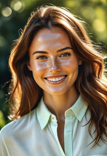 Frontal view, upper body view, Hyper-realistic photo, lifelike texture, grainy, cinematic, 4k, quality, detailed, impressive, wildlife animal shot, 
Imagine a young woman with a radiant smile that lights up her face. She has long, flowing hair that cascades in soft waves, reflecting a warm chestnut hue. Her eyes are bright and expressive, a captivating shade of green that sparkles with kindness and curiosity. She has a natural, glowing complexion and a subtle hint of freckles across her cheeks. 
Dressed in a stylish yet comfortable outfit, she embodies a perfect blend of elegance and approachability. A light, airy blouse paired with tailored jeans showcases her effortless sense of fashion. The background is a serene outdoor setting, perhaps a sunlit garden filled with blooming flowers, which enhances her vibrant personality. Overall, the portrait captures not just her beauty but also her warmth and confidence