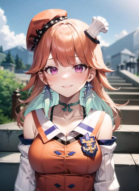 <lyco:kiara1-000008:1.0>, kiaradef, upper body, smile, blush, outdoors, day, simple background, blue sky, sky, temple, looking at viewer, stairs, mountain, moody lighting, facing viewer,