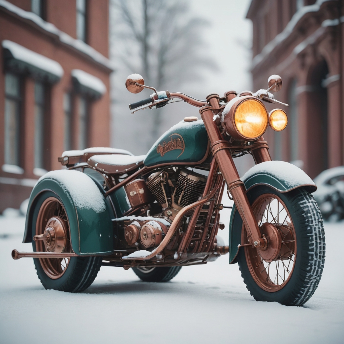 A vintage Harley Davidson motorcycle parked in the snow.