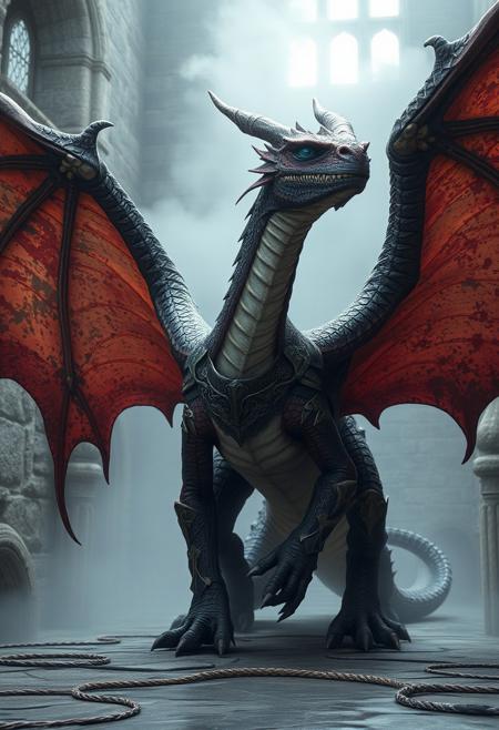 Wyvern with huge wings, mist rising off it ,(in a ancient stone castle) , ornate armour, supermodel, action, dynamic pose, large detailed dragon, 8k , looking at the camera , small smile, bright colours (rotting flesh ) skin pealing off, cold blue eyes , frost breath, hyper realistic, photography style, ultra detailed