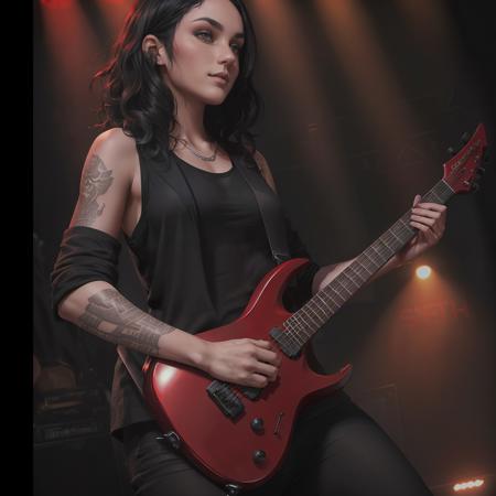 a woman with short black curly hair with tattoos wearing a black tank top holding a red solaratype1452 on the stage in a concert, dramatic lighting, metalhead, metal guitar, strat style guitar, (solaratype1452), solar guitars, cute face, beautiful face, beautiful model body, wallpaper, intricate, sharp focus, ray tracing, rtx, well drawn, masterpiece, ultra detailed, high quality, top quality, best quality, 4k, 8k, raw <lora:solaratype:0.4>