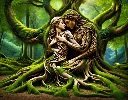 Fairy Tale, Digital art, 
statue of two lovers made of roots, embracing figures, forgotten medieval town square, overgrown ruins, moss-covered, ivy-wrapped, nature reclaiming stone, romantic forest sculpture, ancient love symbol, PG-TR
 <lora:Treeroots_0_90_multi2_Handprocessed_V2:1>