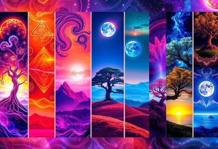 A digital cyberpunk art splash in the style of bo-cyborgsplash, a vibrant and mystical landscape depicted in a series of vertical banners, each featuring a different color palette, the first banner on the left shows a glowing tree with intricate patterns, the second banner features a swirling orange and red design, the third banner features an abstract landscape with a tree in the center, the fourth banner showcases a glowing blue planet in the sky, the fifth banner showcases an otherworldly landscape with distant mountains, the sixth panel showcases a distant landscape with trees and distant structures, the seventh panel showcases an ocean scene, the eighth panel features a mystical tree with vibrant colors, the ninth panel displays a stunning sunset landscape, the final panel features an ethereal landscape with glowing elements, the overall effect is a mesmerizing and captivating image that exudes a sense of otherworldly beauty<lora:boFLUX Cyborgsplash.safetensors:1.0:1.0>