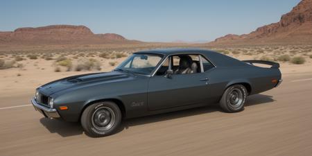 Create an ultra-detailed and realistic image of a custom car, created with parts from many muscle cars, with aerodynamic lines from 1972, but armored with bulletproof plates, with two heavy artillery machine guns on the roof. The car is metal color, with black tinted windows. It is captured in motion with motion blur at full speed through a desert, daylight. The photograph is captured with an Arri Alexa camera, with a zoom lens.
