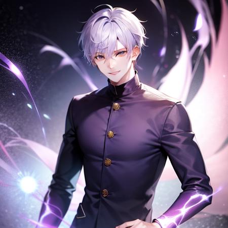 1boy, aura, blurry, blurry_background, blurry_foreground, closed_mouth, dark_aura, depth_of_field, electricity, energy, energy_ball, glowing, long_sleeves, magic, male_focus, purple_fire, smile, solo, upper_body, white_hair