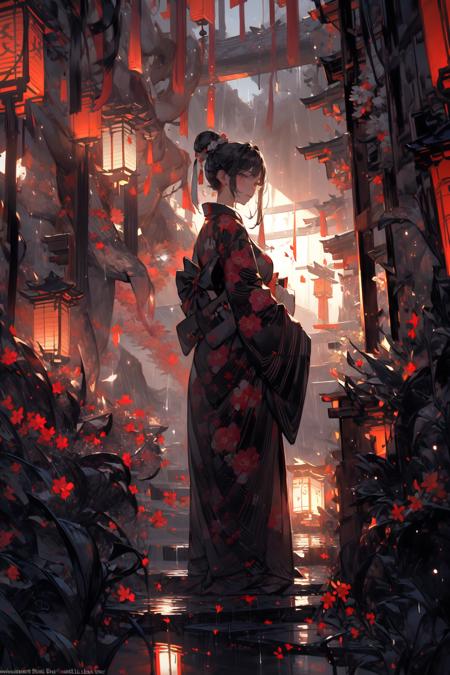 (masterpiece:1.2), best quality,realistic,Tyndall effect,
1girl, lantern, rain, solo, japanese clothes, kimono, standing, outdoors, night, hair bun, paper lantern, black kimono, single hair bun, scenery, water, from behind, wide sleeves, artist name, holding, long sleeves
 <lora:ghostdom_20230621222536-000016:1> <lora:Chinese style_20230608155715-000010:0.5> <lora:add_detail:1>