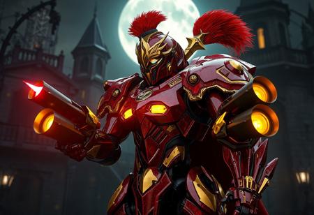 "8K UE5/Octane render of 'Mekk-Knight Yellow Star'—a crimson/gold battle-ready robot with dual arm cannons (large right/small left) and regal gold helmet with red plume. Poised before the gothic 'Mansion of Dreadful Dolls', its nanite-textured armor gleams under volumetric moonlight. Hyper-detailed Houdini FX (energy charging in cannons), ray-traced reflections on gold accents, and Grammer Effect color grading. Tags: #Mecha #DarkFantasy #ConceptArt."
