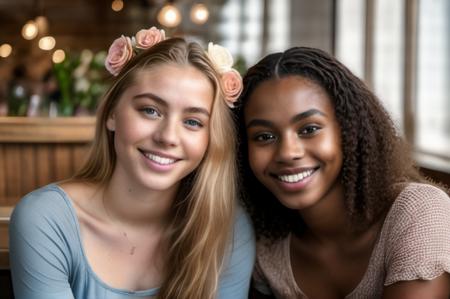 photograph of two young women smile sit intimately in a cafe. One european woman with blue eyes (and with a big rose flower in her hair), while her companion is an african woman with piercing brown eyes and a top charisma. film grain, 8k, hdr, realistic, rose flower