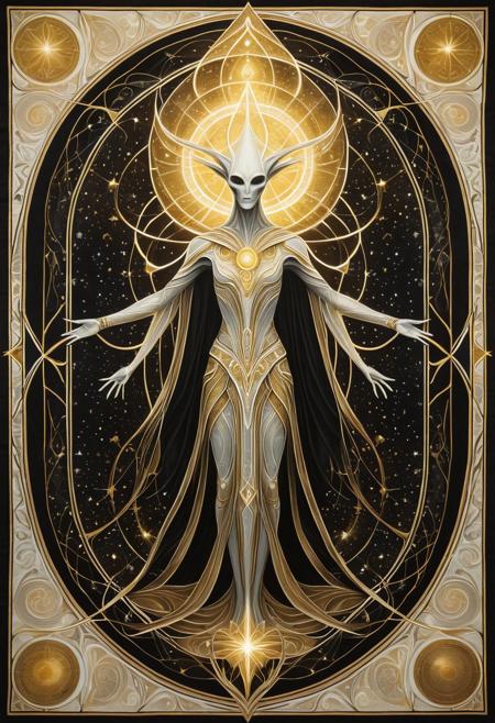 In the grand tapestry of Crossroads, a human-alien hybrid stands at the crossroads of acceptance, its ethereal form radiating luminosity amidst a kingdom in peril. The necromancer's dark magic casts long shadows across the mystical landscape, as our hero's delicate patterns and organic shapes seem to pulse with an otherworldly energy. Soft golds and whites illuminate the figure's elegant pose, while deep neutrals add depth and mystique to the celestial-inspired surroundings. The composition swirls around a central axis, evoking cosmic movement and divine transcendence.