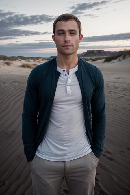 (medium shot:1) photo of man sc_walker <lora:sc_walker_sfw_00001:1> wearing a thin, fitted Henley shirt posing next to a sand dune in Wyoming, Twilight, right after sunset, soft and dusky blue ambient light from the setting sun casts a serene glow on the dunes, (Peter Lindbergh), ethereal, contemplative, and introspective, solitude, minimalistic accessories