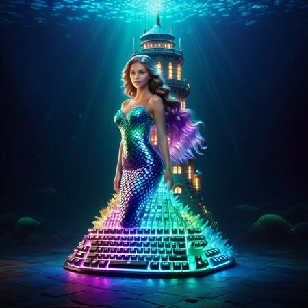 lazypos
A majestic tower made entirely of a futuristic RGB keyboard, keys glowing in smooth gradients of violet, cyan, magenta, and deep blue, standing in the center of the composition, each key softly illuminated with ambient RGB light, surrounded by an ethereal oceanic atmosphere, along the base of the tower rests a serene mermaid with flowing hair and shimmering iridescent scales that reflect RGB colors, her tail curled gently around her, holding a beautiful, shimmering blue blouse to her chest with grace and emotion, the blouse glows subtly with soft sparkles and pearlescent highlights, warm magical light plays across her skin and fabric, gentle expression, dreamy eyes, elegant posture, cinematic lighting, fantasy setting, bioluminescent ambiance, high detail, soft highlights, film grain, fantasy illustration, safe for work, graceful and lovely, artistic composition, delicate glow, ocean-inspired palette, subtle sparkles, enchanting and whimsical mood