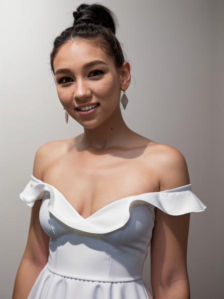 Realistic photo of a beautiful 4l3x4ndr4s woman, 1girl,solo,long hair,looking at viewer,smile,grey dress,simple background,black hair,white background,bare shoulders,brown eyes,jewelry,collarbone,upper body,ponytail,earrings,teeth,mole,grin,lips,sharp teeth,mole on breast,realistic,nose, soft lighting, professional Photography, Photorealistic, detailed, RAW, analog, sharp focus, 8k, HD, high quality, masterpiece<lora:4l3x4ndr4s:1.0>